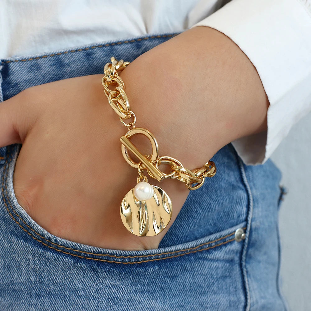 Gold Pearl Charm Bracelet