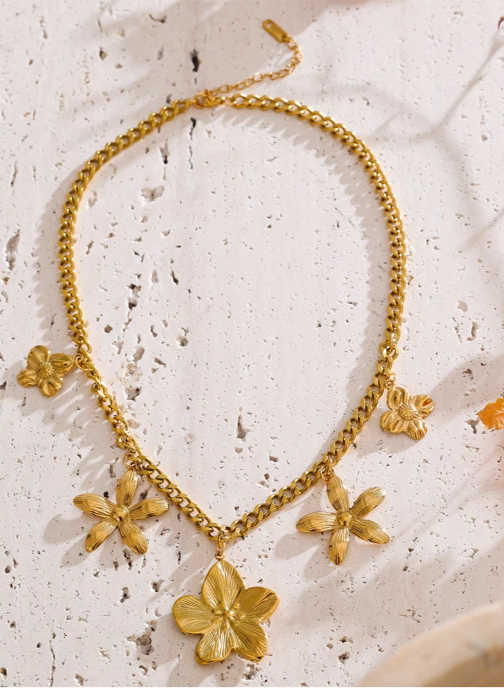 Golden Flower Drop Charm Necklace