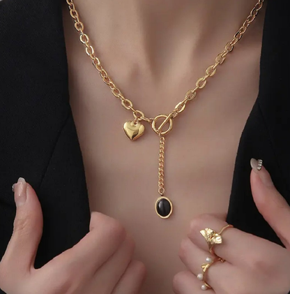 Heart and Black Stone Charm Necklace