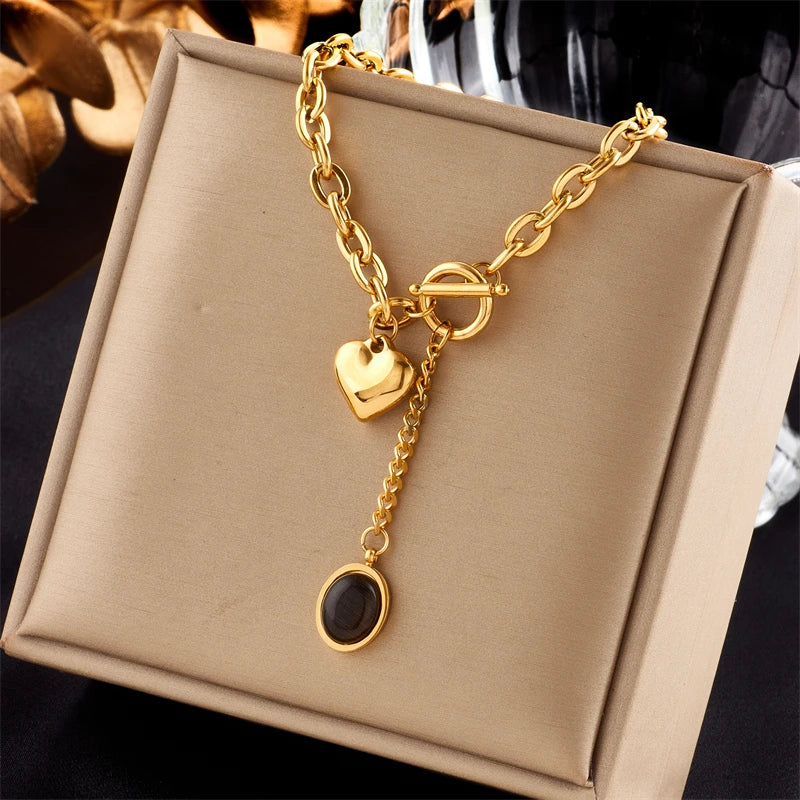 Heart and Black Stone Charm Necklace