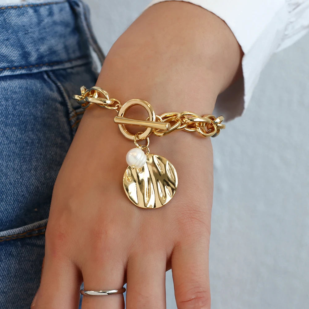 Gold Pearl Charm Bracelet
