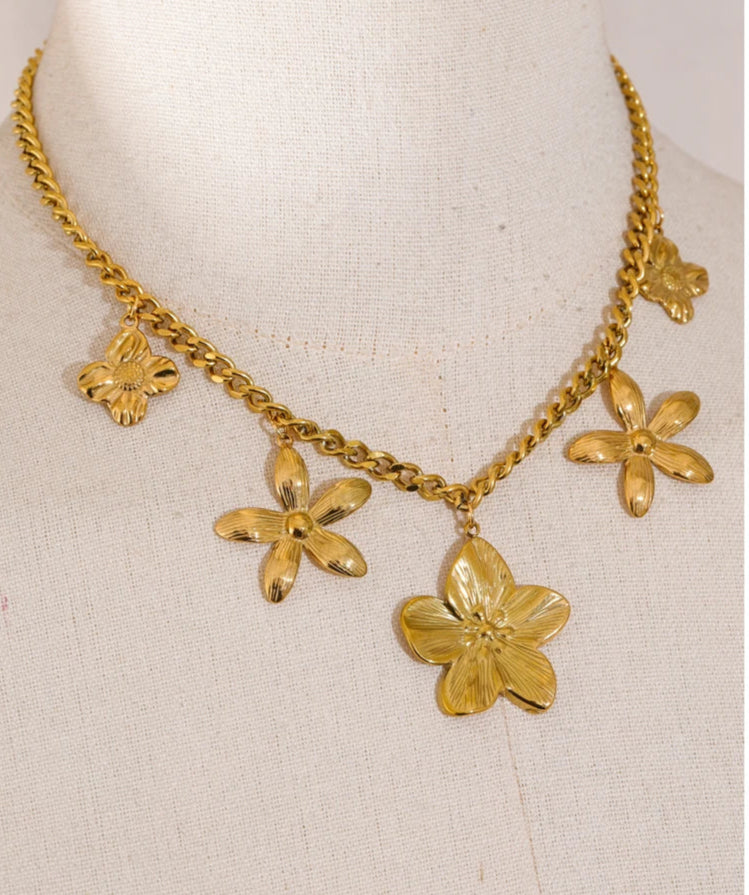 Golden Flower Drop Charm Necklace