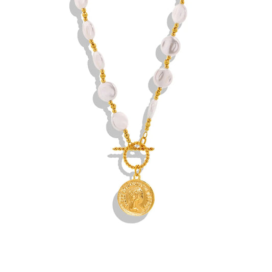 Necklace with white beads and gold chain featuring a pendant on a white background, branded 'Fantasy Jewelry'.